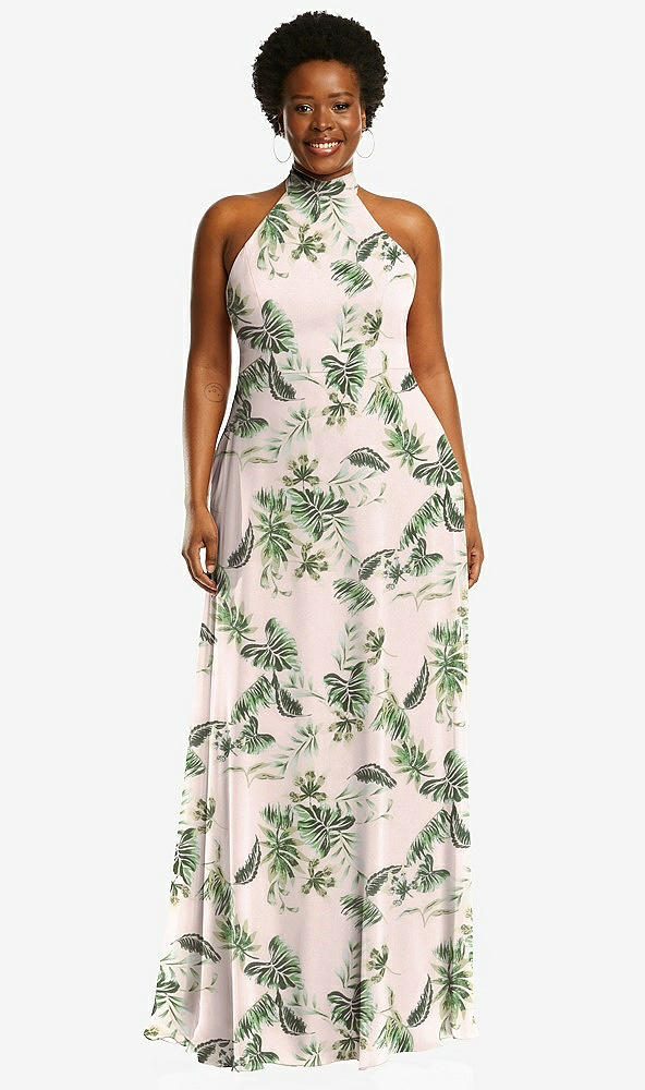 Front View - Palm Beach Print High Neck Halter Backless Maxi Dress