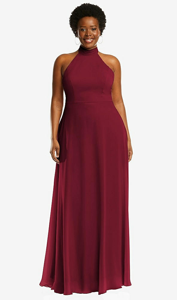 Front View - Burgundy High Neck Halter Backless Maxi Dress