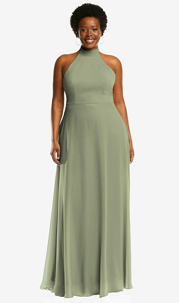 Front View - Sage High Neck Halter Backless Maxi Dress