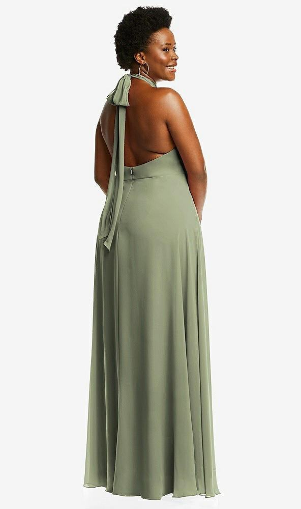 Back View - Sage High Neck Halter Backless Maxi Dress