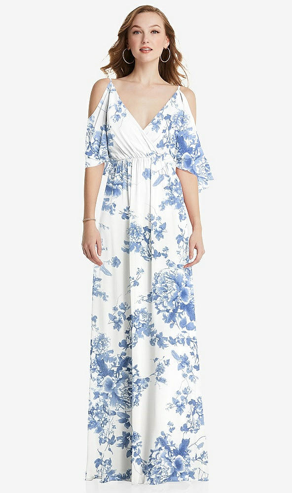 Front View - Cottage Rose Dusk Blue Convertible Cold-Shoulder Draped Wrap Maxi Dress