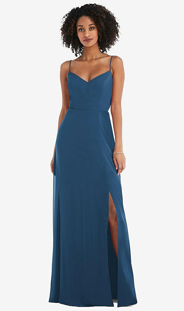 Front View - Dusk Blue Tie-Back Cutout Maxi Dress with Front Slit