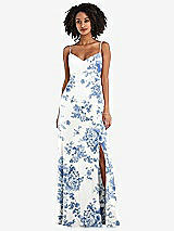 Front View Thumbnail - Cottage Rose Dusk Blue Tie-Back Cutout Maxi Dress with Front Slit