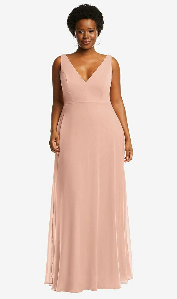 Front View - Pale Peach Deep V-Neck Chiffon Maxi Dress