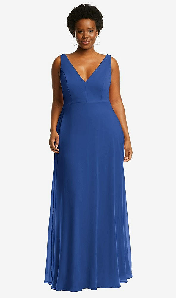 Front View - Classic Blue Deep V-Neck Chiffon Maxi Dress