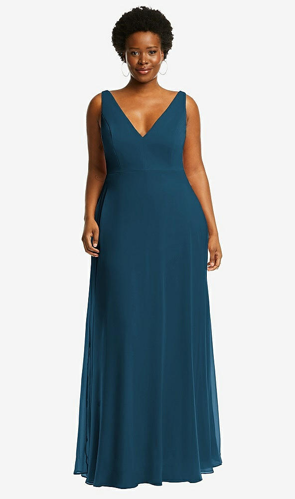 Front View - Atlantic Blue Deep V-Neck Chiffon Maxi Dress