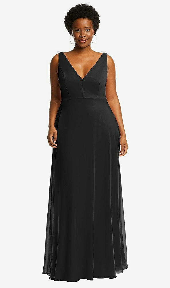 Front View - Black Deep V-Neck Chiffon Maxi Dress