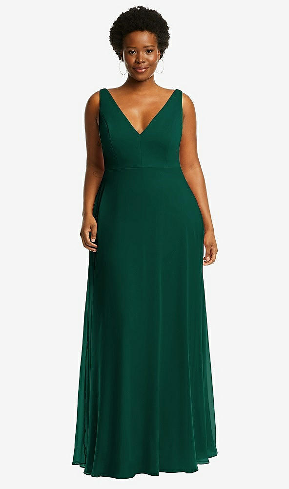 Front View - Hunter Green Deep V-Neck Chiffon Maxi Dress