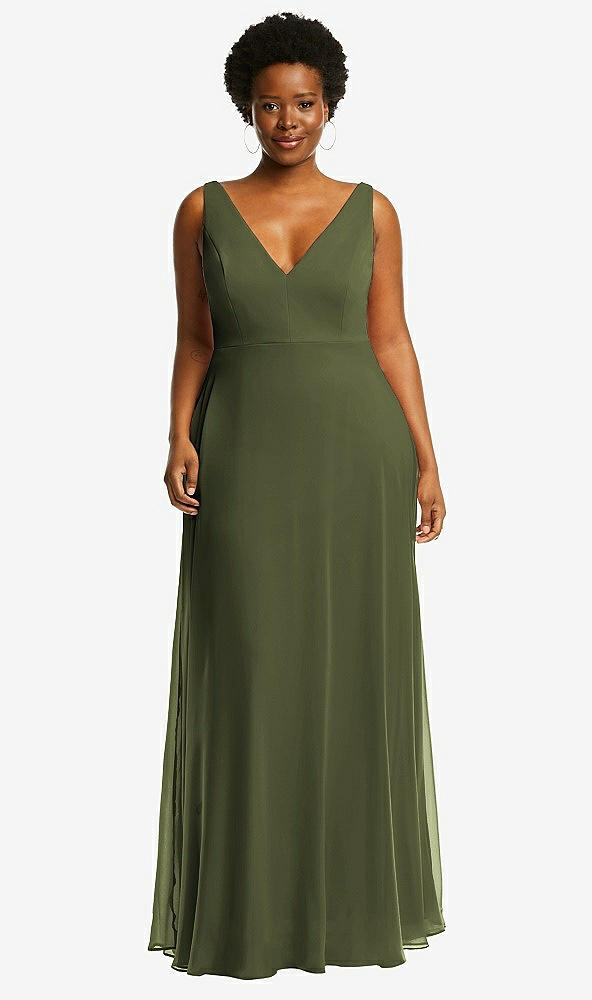 Front View - Olive Green Deep V-Neck Chiffon Maxi Dress