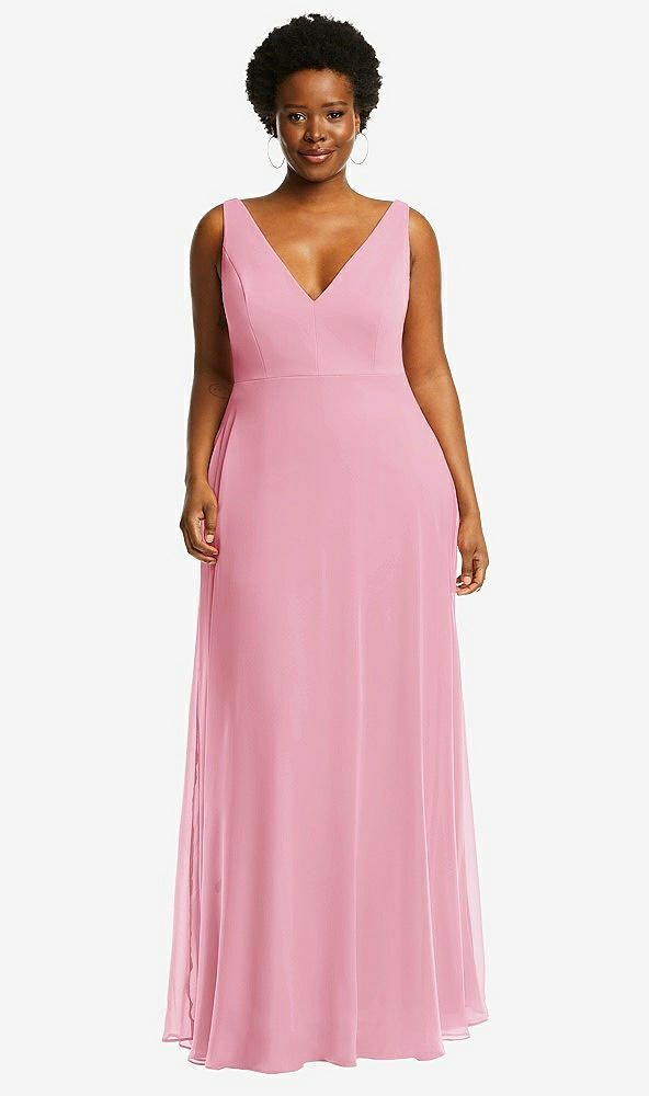 Front View - Peony Pink Deep V-Neck Chiffon Maxi Dress