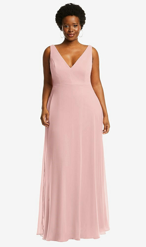 Front View - Rose - PANTONE Rose Quartz Deep V-Neck Chiffon Maxi Dress