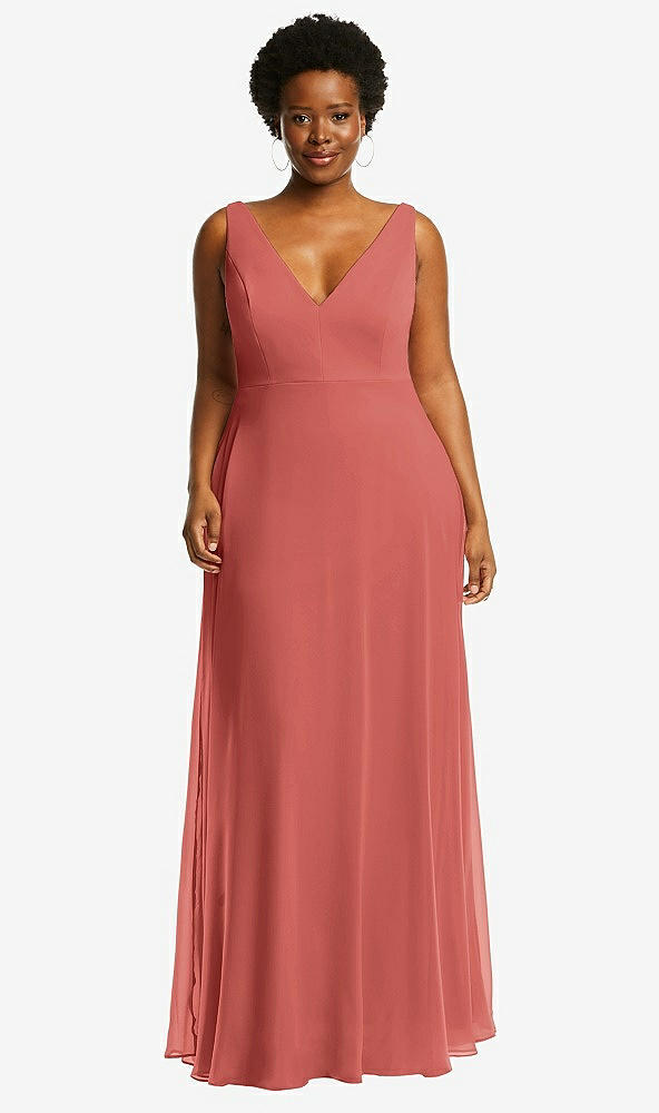 Front View - Coral Pink Deep V-Neck Chiffon Maxi Dress