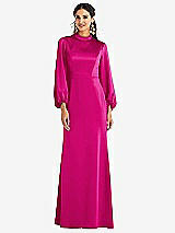 Front View Thumbnail - Think Pink High Collar Puff Sleeve Trumpet Gown - Darby