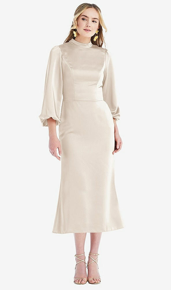 Front View - Oat High Collar Puff Sleeve Midi Dress - Bronwyn