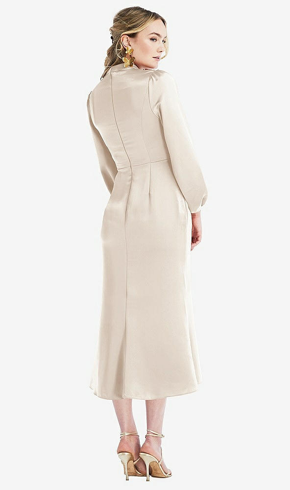 Back View - Oat High Collar Puff Sleeve Midi Dress - Bronwyn