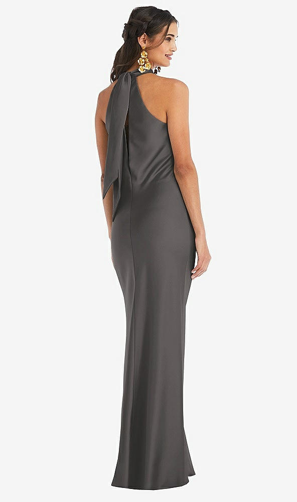 Back View - Caviar Gray Draped Twist Halter Tie-Back Trumpet Gown