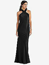 Front View Thumbnail - Black Draped Twist Halter Tie-Back Trumpet Gown