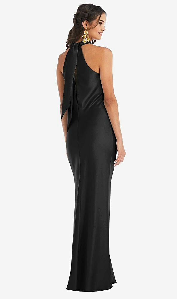 Back View - Black Draped Twist Halter Tie-Back Trumpet Gown