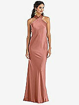 Front View Thumbnail - Desert Rose Draped Twist Halter Tie-Back Trumpet Gown