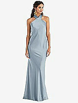 Front View Thumbnail - Mist Draped Twist Halter Tie-Back Trumpet Gown