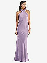 Front View Thumbnail - Pale Purple Draped Twist Halter Tie-Back Trumpet Gown