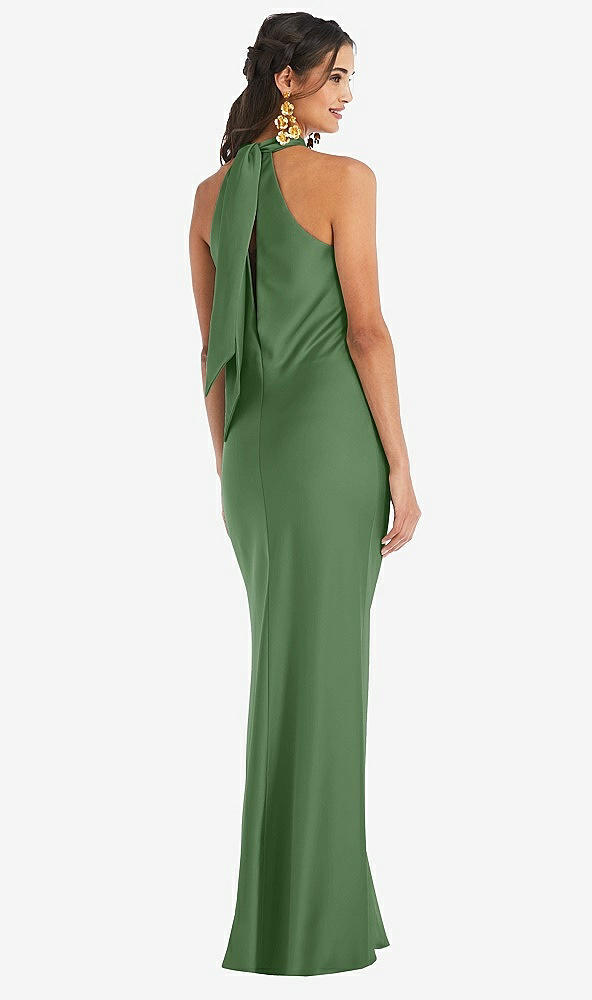 Back View - Vineyard Green Draped Twist Halter Tie-Back Trumpet Gown