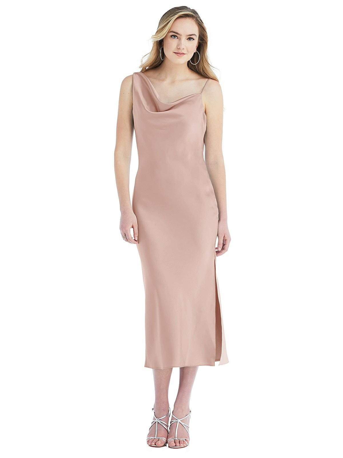 Asymmetrical One-shoulder Cowl Midi Slip Bridesmaid Dress In Toasted Sugar  | The Dessy Group