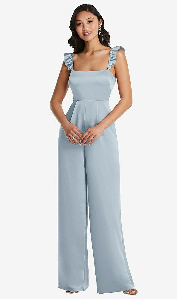 Front View - Mist Ruffled Sleeve Tie-Back Jumpsuit with Pockets