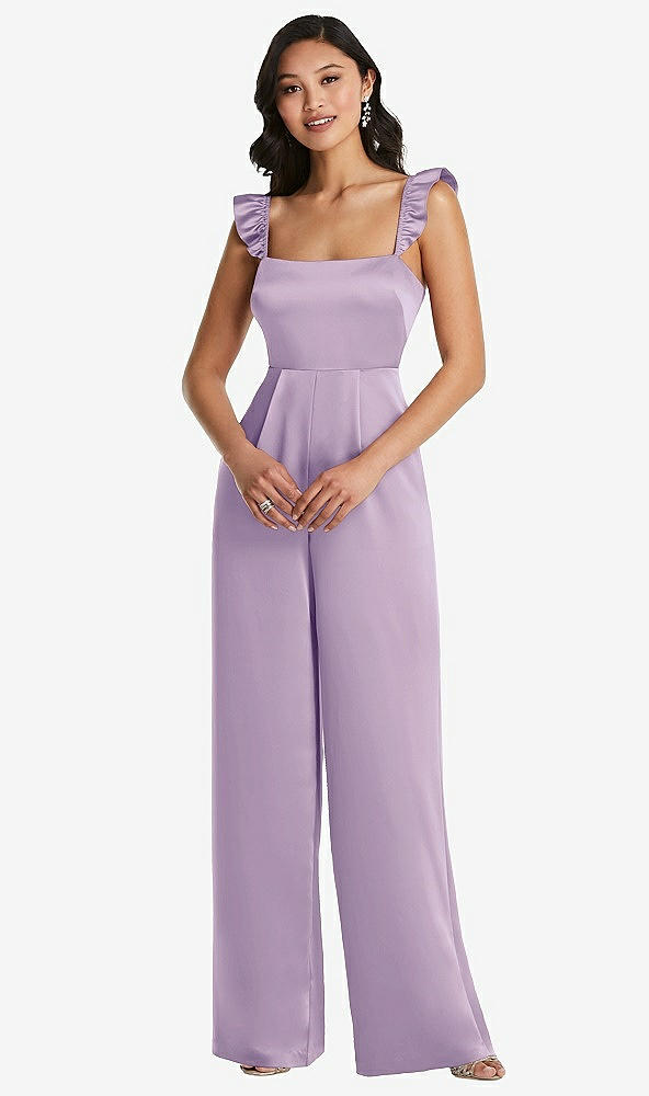 Front View - Pale Purple Ruffled Sleeve Tie-Back Jumpsuit with Pockets