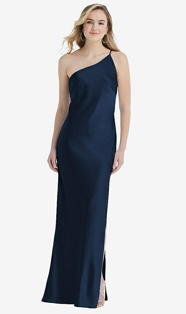 Front View - Midnight Navy One-Shoulder Asymmetrical Maxi Slip Dress