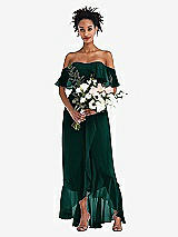 Alt View 2 Thumbnail - Evergreen Off-the-Shoulder Ruffled High Low Maxi Dress