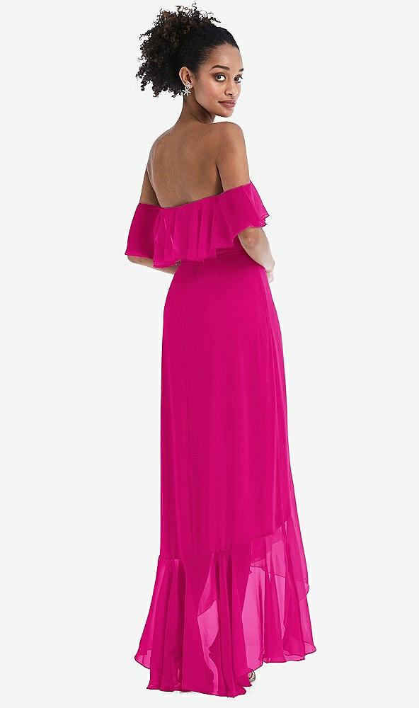 Back View - Think Pink Off-the-Shoulder Ruffled High Low Maxi Dress