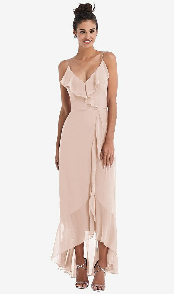 TH040 Quick Delivery - Ruffle-Trimmed V-Neck High Low Wrap Dress in Cameo - Neutrals
