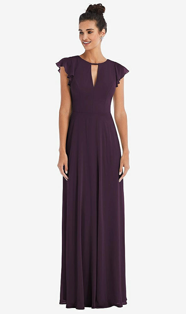 Front View - Aubergine Flutter Sleeve V-Keyhole Chiffon Maxi Dress