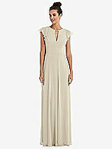 Front View Thumbnail - Champagne Flutter Sleeve V-Keyhole Chiffon Maxi Dress