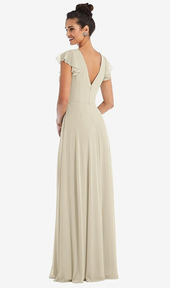 Back View - Champagne Flutter Sleeve V-Keyhole Chiffon Maxi Dress