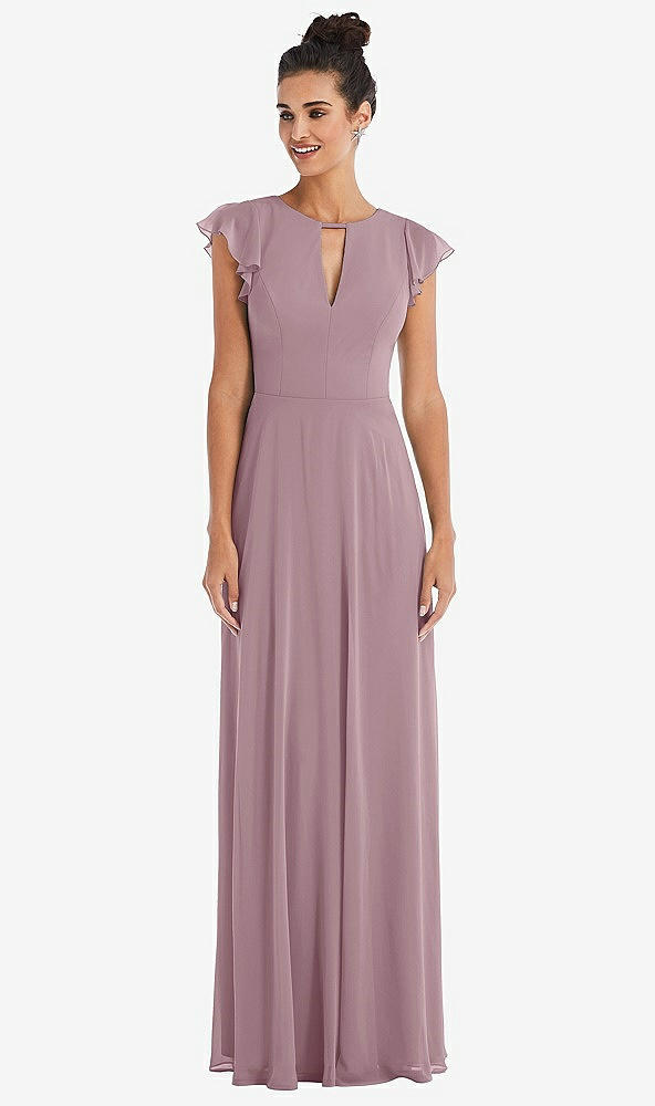 Front View - Dusty Rose Flutter Sleeve V-Keyhole Chiffon Maxi Dress