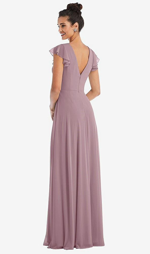 Back View - Dusty Rose Flutter Sleeve V-Keyhole Chiffon Maxi Dress