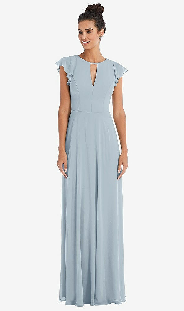 Front View - Mist Flutter Sleeve V-Keyhole Chiffon Maxi Dress