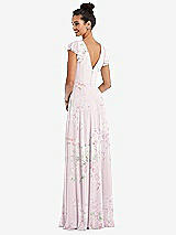 Rear View Thumbnail - Watercolor Print Flutter Sleeve V-Keyhole Chiffon Maxi Dress