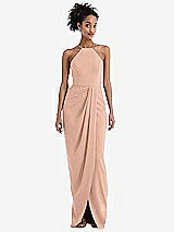 Front View Thumbnail - Pale Peach Halter Draped Tulip Skirt Maxi Dress