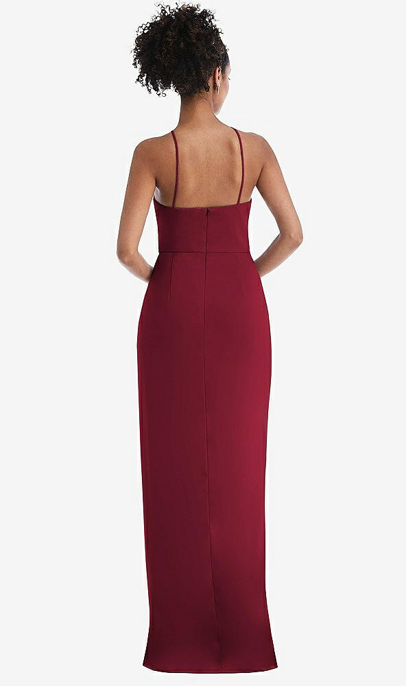 Back View - Burgundy Halter Draped Tulip Skirt Maxi Dress