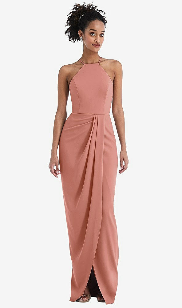 Front View - Desert Rose Halter Draped Tulip Skirt Maxi Dress