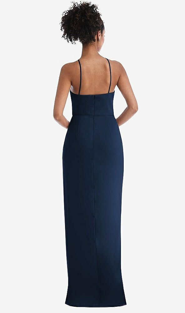 Back View - Midnight Navy Halter Draped Tulip Skirt Maxi Dress