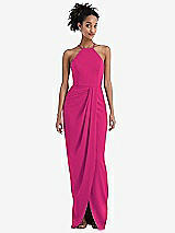 Front View Thumbnail - Think Pink Halter Draped Tulip Skirt Maxi Dress