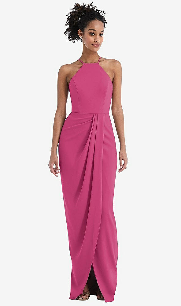 Front View - Tea Rose Halter Draped Tulip Skirt Maxi Dress