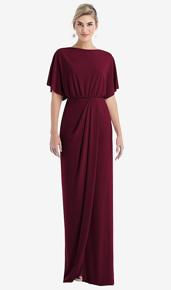 Front View - Cabernet Open-Back Three-Quarter Sleeve Draped Tulip Skirt Maxi Dress