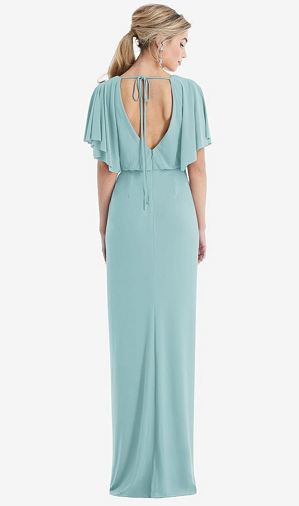 Back View - Canal Blue Open-Back Three-Quarter Sleeve Draped Tulip Skirt Maxi Dress