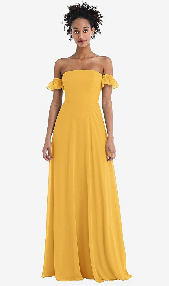Front View - NYC Yellow Off-the-Shoulder Ruffle Cuff Sleeve Chiffon Maxi Dress