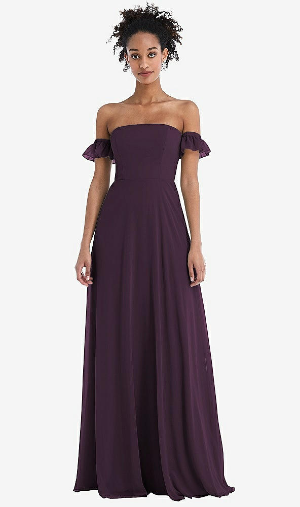 Front View - Aubergine Off-the-Shoulder Ruffle Cuff Sleeve Chiffon Maxi Dress